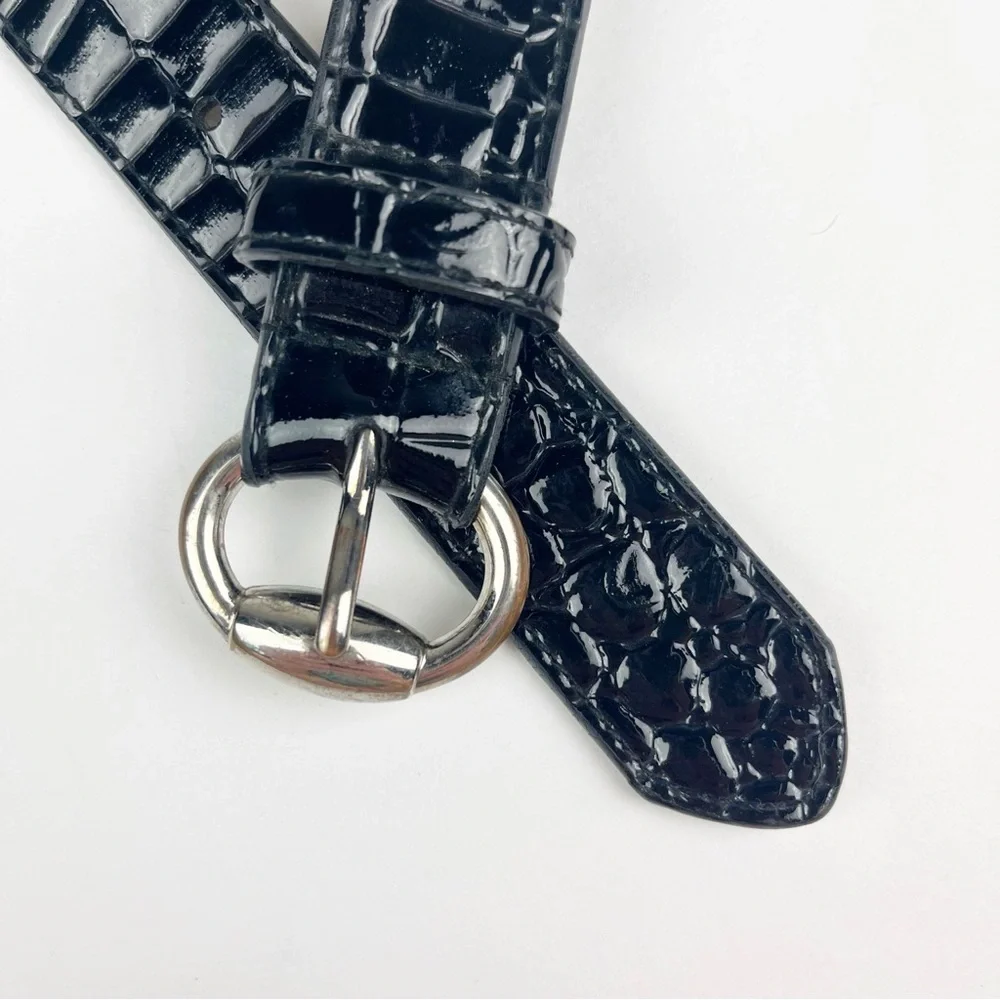 Chico’s Black Embossed Patent Leather Belt Silver Accents